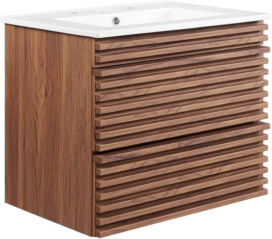 Modway Render 24" Wall-Mount Bathroom Vanity in Walnut White
