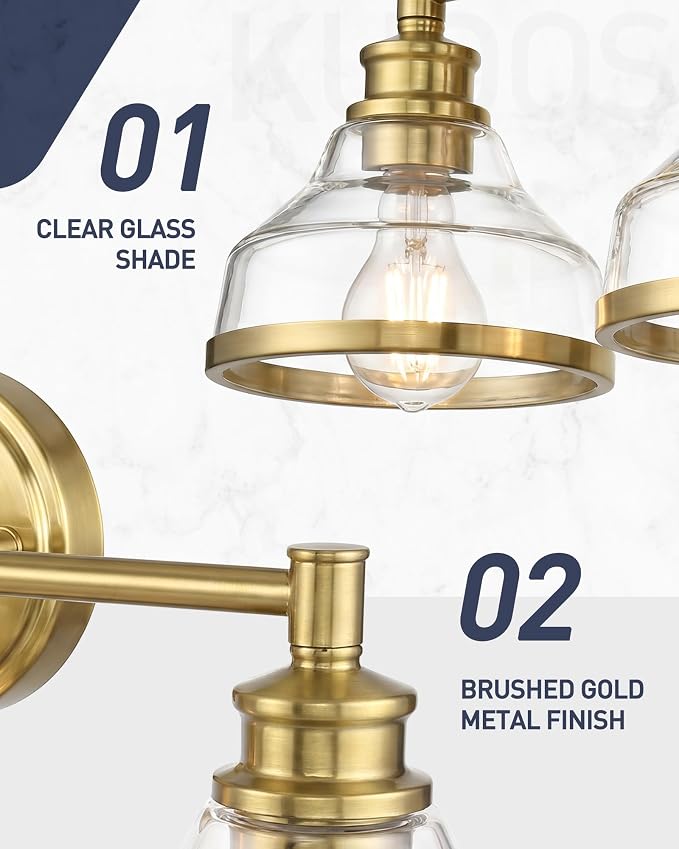 kudos 3-Light Brushed Gold Vanity Light, Clear Glass Shade | 24" bathroom light fixtures over mirror, upward or downward, E26 base, bulbs not included, Hardwired, KDVL20-GD-3