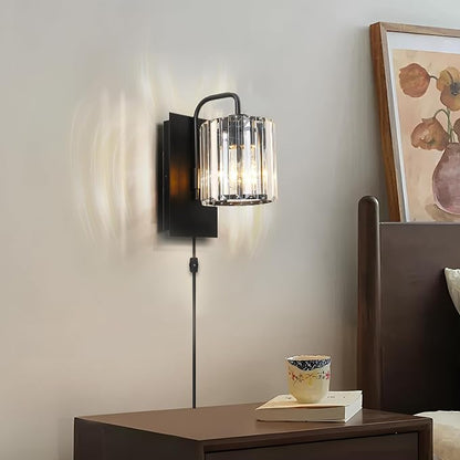 Plug in Crystal Wall Sconces, Black Plug in Sconce with Dimmer Cord | 10 inch Glass Wall Light Fixtures with Cord for Living Room Bedroom Hallway Staircase Bedside Square E26