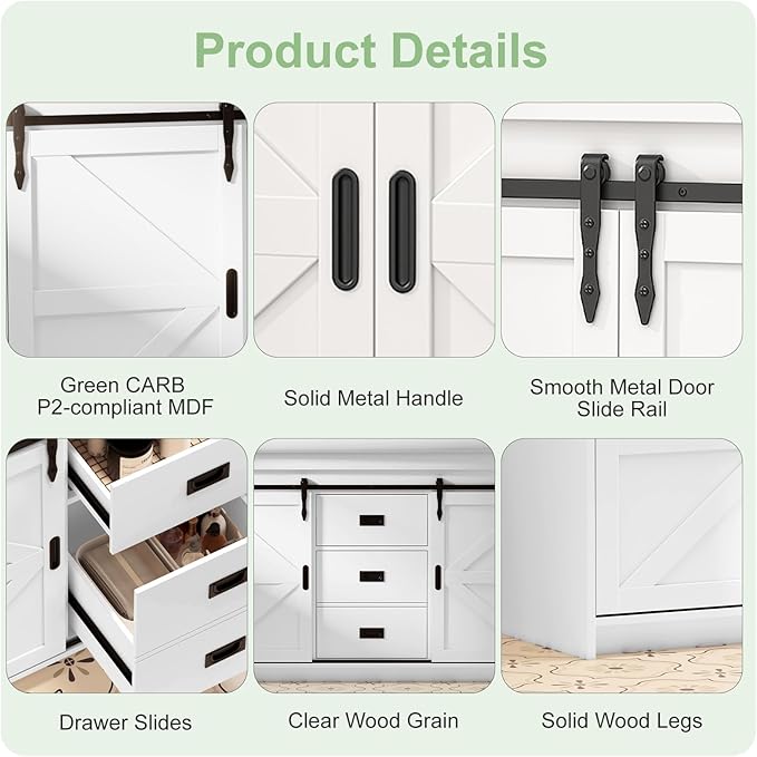 48" White Farmhouse Double Bathroom Vanity, 2 Ceramic Sinks, Freestanding with 2 Sliding Doors, 2 Drawers & Shelves, Actual 47.3" L x 19.7" W x 35.5" H