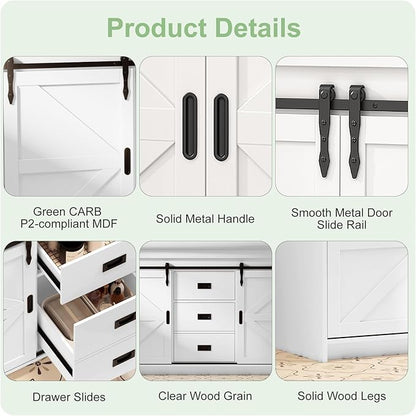 48" White Farmhouse Double Bathroom Vanity, 2 Ceramic Sinks, Freestanding with 2 Sliding Doors, 2 Drawers & Shelves, Actual 47.3" L x 19.7" W x 35.5" H