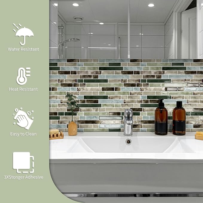 10 Sheets Thick Peel and Stick Kitchen Backsplash Tiles | 3D Waterproof Self Adhesive Wall Tile Stick on Backsplash for Kitchen,Bathroom and Fireplace(Mixed Green,12"×12")