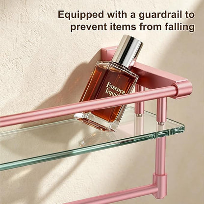 Bathroom Glass Shelf Towel Rack Shelf Glass Organizer Wall-Mounted Bathroom Storage SUS304 Stainless Steel Towel bar/Track Wall-Mounted Tempered Glass Stainless Steel Shelf (Pink, 24‘’ with Railing)