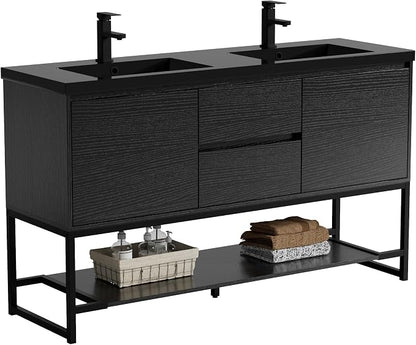 LUCKWIND 60" Modern Bathroom Vanity with Dual Black Sink Combo, Freestanding Storage Cabinet with Metal Frame, Water-Saving Faucet and Open Shelf and 2 Soft-Closing Door, Black