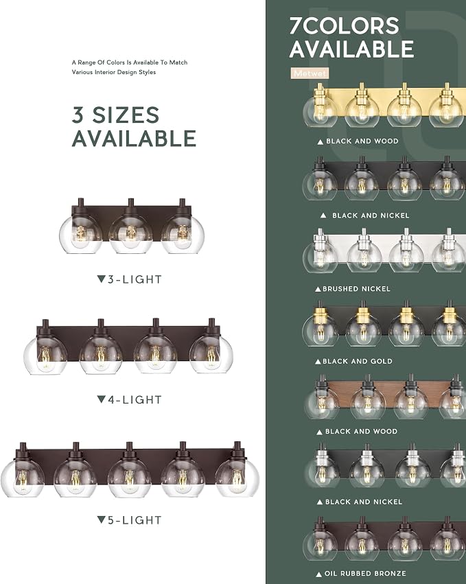 3-Light Oil Rubbed Bronze Bathroom Vanity Light, Clear Glass Globes | Ideal for 22-30" mirrors, 18" modern bathroom light fixtures over mirror, E26 base, bulbs not included, VL195-ORB-3