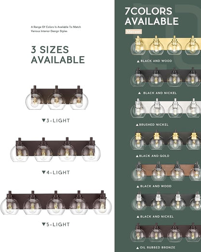 3-Light Oil Rubbed Bronze Bathroom Vanity Light, Clear Glass Globes | Ideal for 22-30" mirrors, 18" modern bathroom light fixtures over mirror, E26 base, bulbs not included, VL195-ORB-3