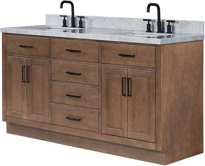 Isabella 66-Inch Brown Oak Double Bathroom Vanity with Sink, 1.5-Inch Edge Italian Carrara Marble Countertop & 4" Backsplash, Soft-Closing Doors & Drawers, Solid Oak Wood Construction