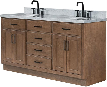 Isabella 66-Inch Brown Oak Double Bathroom Vanity with Sink, 1.5-Inch Edge Italian Carrara Marble Countertop & 4" Backsplash, Soft-Closing Doors & Drawers, Solid Oak Wood Construction