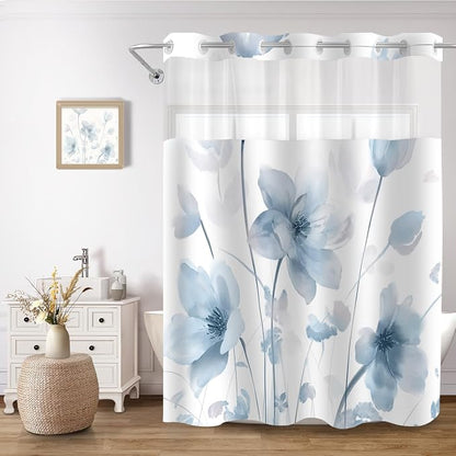 No Hook Shower Curtain and Liner Set, Blue Boho Floral 71x77 | Watercolor Boho Flower, with Snap in Liner, Waterproof, Machine Washable, Quick-Drying, for Hotel Bathroom