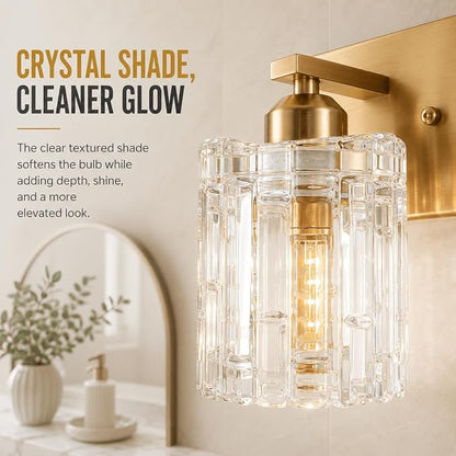 Brushed Gold Crystal Bathroom Vanity Light,2 Lights Modern Bathroom Wall Light,Over Mirror Light Fixtures for Living Room, Bedroom, Hallway