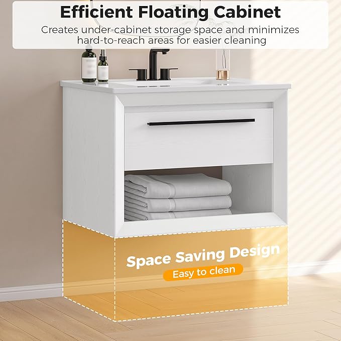IRONCK 30" Bathroom Vanity with Sink, Wall Mounted Bathroom Vanity with 1 Drawer ＆ 1 Open Shelf, Modern Floating Bathroom Sink Cabinet with Undermount Ceramic Sink, Easy Assembly, White