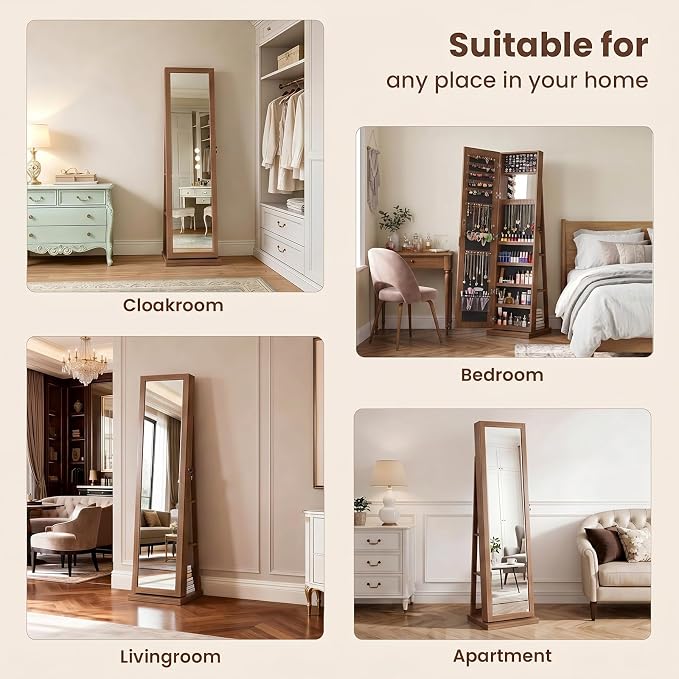 4-In-1 Jewelry Cabinet Jewelry Armoire Lockable Standing, Brown | Jewelry Organizer with Storage, Full-Length Mirror, 3 Storage Shelves, Makeup Mirror, 360 ° Swivel Jewelry Armoire for Women
