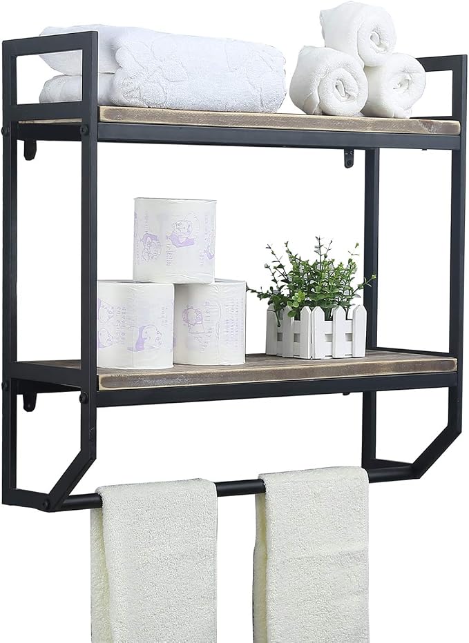 Towel Rack with Towel Bar,2-Tier 24" Bathroom Shelves Wall Mounted,Rustic Wall Shelf Over Toilet,Utility Storage Shelf Rack,Floating Shelves Towel Holder,Black