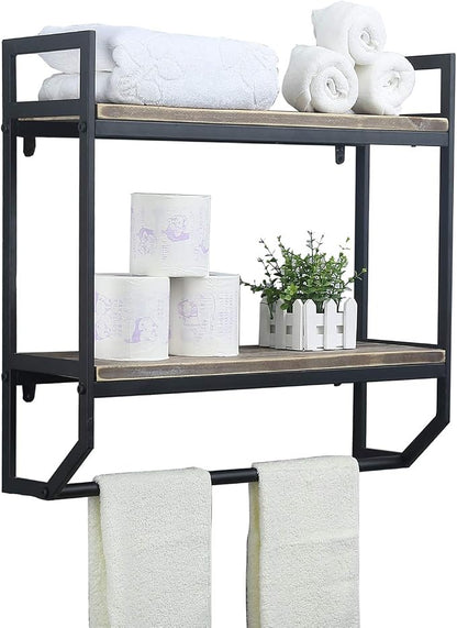 Towel Rack with Towel Bar,2-Tier 24" Bathroom Shelves Wall Mounted,Rustic Wall Shelf Over Toilet,Utility Storage Shelf Rack,Floating Shelves Towel Holder,Black