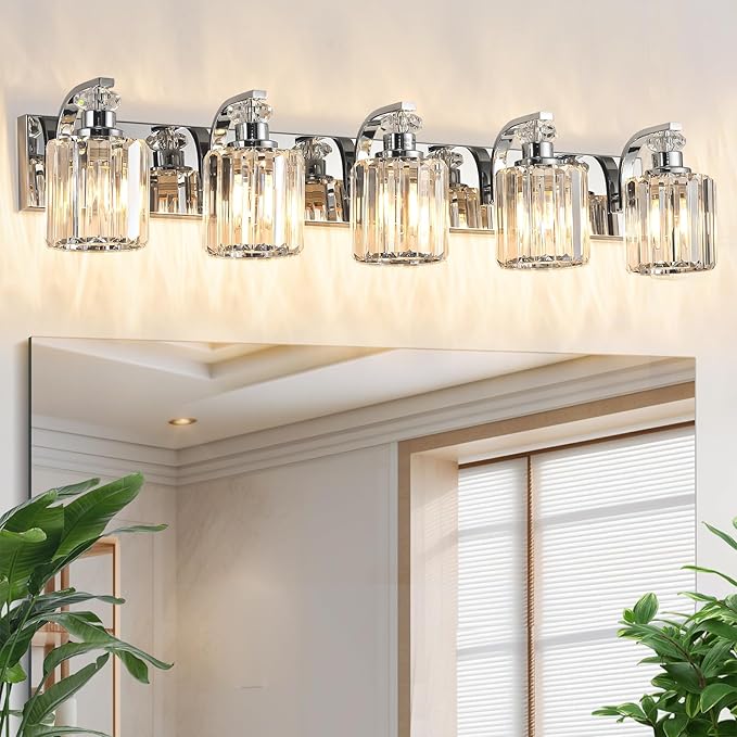 Chrome Bathroom Light Fixtures with K9 Crystal Lampshade Bathroom Lighting Over Mirror Vanity Lights for Living Room,Bedroom,Restroom,Hallway 5 Lights