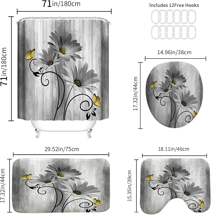 Onalasyc 4PCS Grey Daisy Floral Bathroom Sets with Shower Curtain and Rugs | Country Floral Butterfly Shower Curtain Set,Modern Bathroom Decor Shower Curtains Set with Rugs Toilet Lid Cover and 12 Hooks