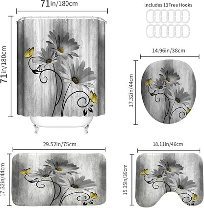 Onalasyc 4PCS Grey Daisy Floral Bathroom Sets with Shower Curtain and Rugs | Country Floral Butterfly Shower Curtain Set,Modern Bathroom Decor Shower Curtains Set with Rugs Toilet Lid Cover and 12 Hooks