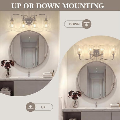 4-Light Vintage Bathroom Light Fixtures, Chrome | Vanity Lights Over Mirror with Floral Glass Shade for Bathroom Powder Room, Living Room Hallway