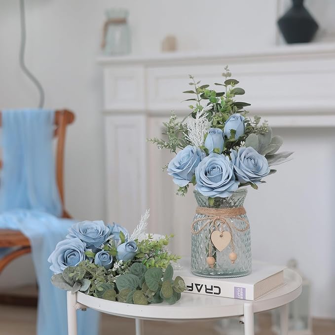 14.5"Faux Flowers with Vase,Artificial Silk Roses in Vase(Dusty Blue) | Realistic Fake Plant Faux Eucalyptus,Flower Arrangement for Home Office Farmhouse Bathroom Dining Table Centerpiece Decor
