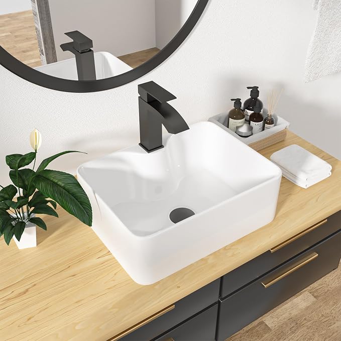 16"x12" Rectangle Bathroom Vessel Sink with Faucet Combo Porcelain Ceramic White Vanity Sink Above Counter Modern Sink with Faucet Hole for Lavatory, Hotel Art Basin, Home Washing Basin