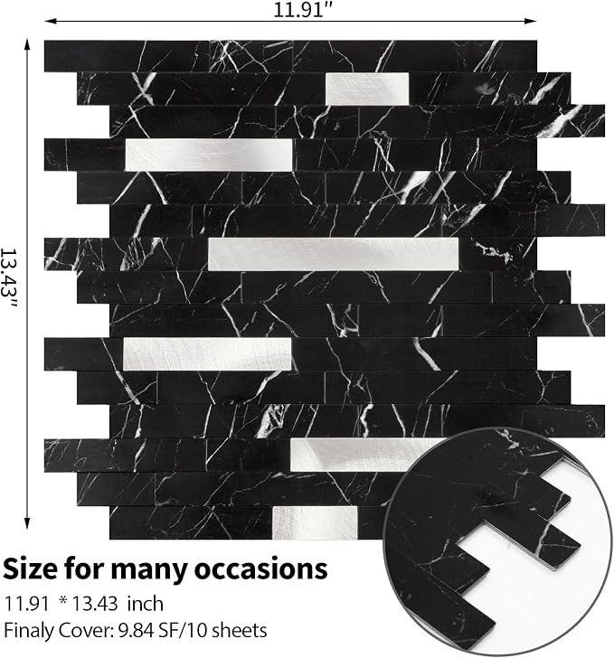 Yipscazo 10 Sheets Peel and Stick Stone Metal Tile Backsplash, Stick on Tiles for Backsplash Kitchen, Bathroom, Laundry Room, Camper, Fireplace (12'' X 12'', Pure Black)