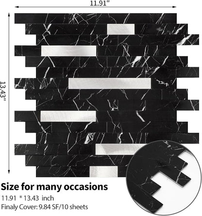 Yipscazo 20 Sheets Peel and Stick Stone Metal Tile Backsplash, Stick on Tiles for Backsplash Kitchen, Bathroom, Laundry Room, Camper, Fireplace (12'' X 12'', Pure Black)