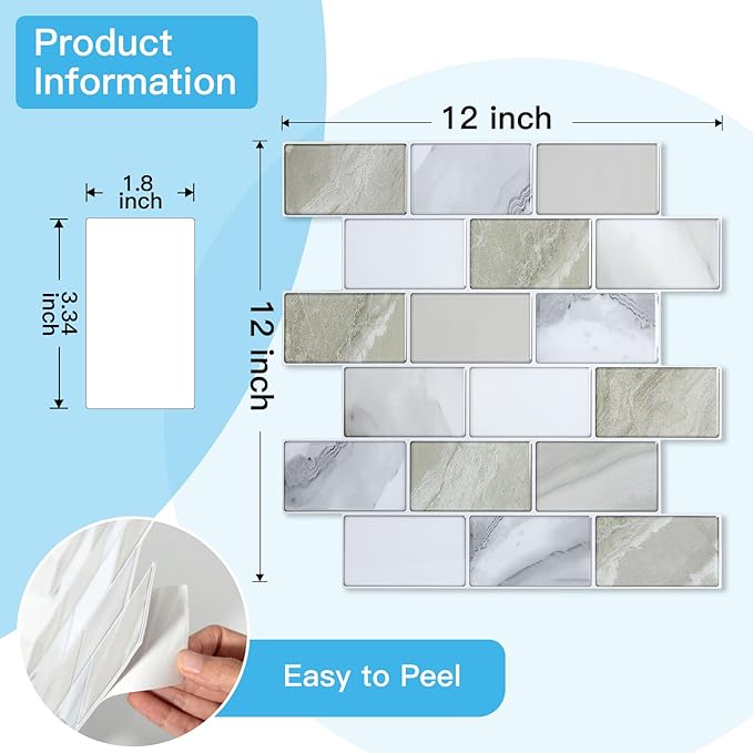 Art3d 10-Pack Subway Peel and Stick Backsplash, Beige & White, 12 x 12 Inch | Thickened Design, No Warping, Durable, Self-Adhesive, Sturdy, for Kitchen, Bedroom, Ideal for New Home Buyers, Future Movers