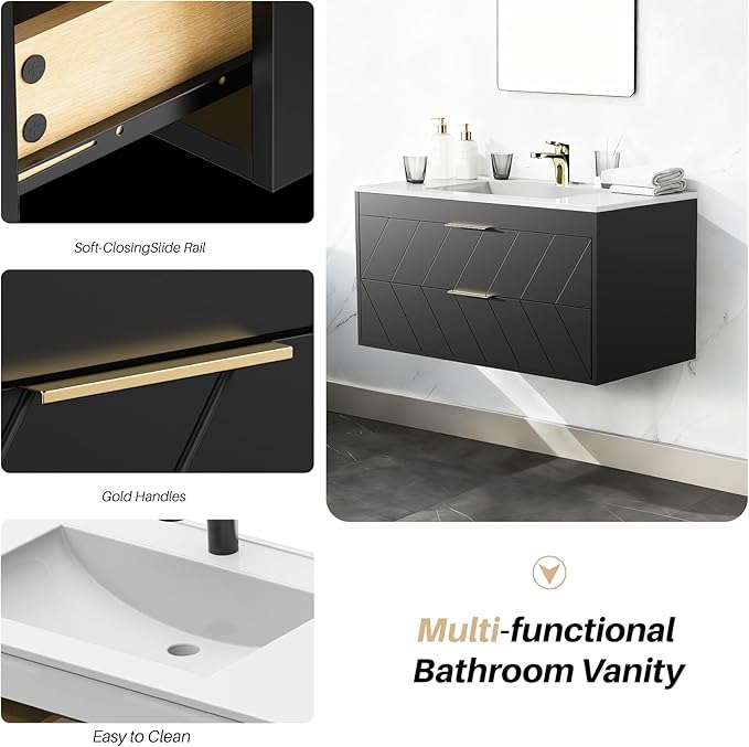 30 Inch Bathroom Vanity with Sink, Modern Floating Bathroom Vanity with Resin Sink, 2 Large Storage Darwers, Wood Grain Texture Wall Mounted Vanity, Gold Handles