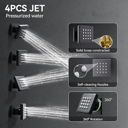 Shower System with Body Jets, Bostingner Four Modes Shower Faucet 12+6" Rain Shower Head with Handheld Spray 2 Ways, 4Pcs Shower Jets System in Wall Shower Faucet Sets Complete, Matte Black