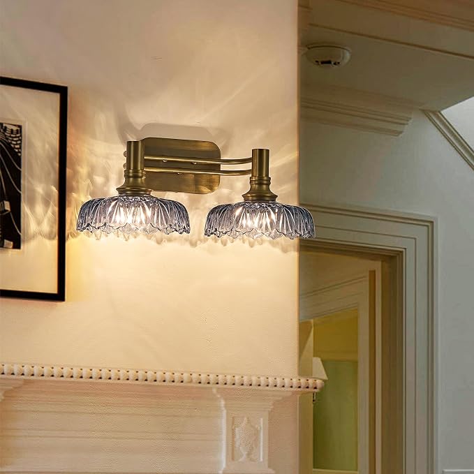 Vintage Bathroom Vanity Light Fixtures 2-Light Bathroom Lighting with Grey Glass Wall Sconces for Hallway Living Room Bedroom Entryway