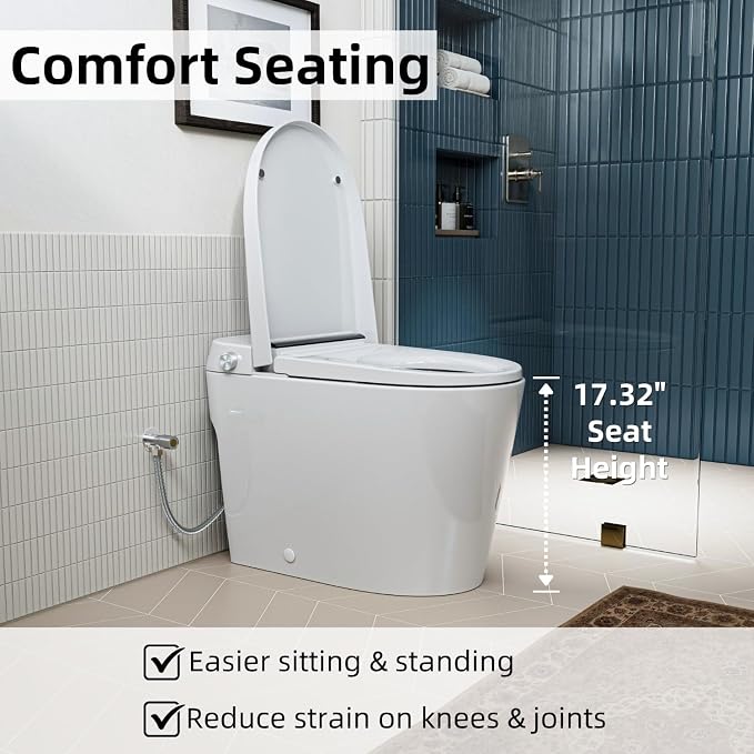 Non Electric Bidet Toilet, Los Flexi 17.3" ADA & Elongated Tankless One-Piece Toilet, 1000g Map & 1.0 GPF, Powerful Air Pressure Assisted System, Feminine and Rear Wash, Foot Kick Flush, 12" Rough-In
