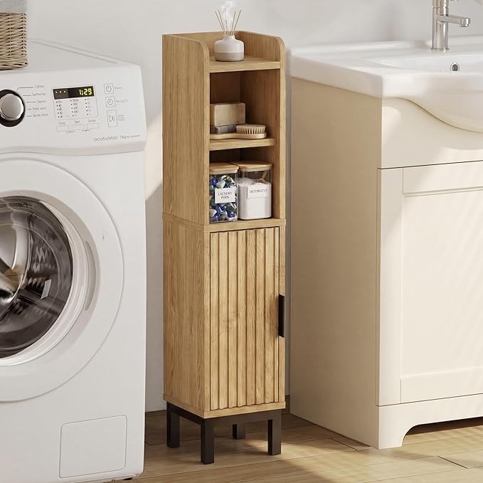 Small Bathroom Storage Cabinet, Corner Narrow Toilet Paper Floor Cabinet with Door and Shelves,Bathroom Organizer with Adjustable Shelf, for Small Spaces (Oak, 4-Tier)