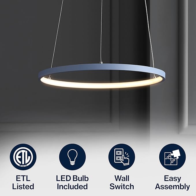 JONATHAN Y 15.75" Blue Modern Integrated LED Pendant Light, Dimmable Round Hoop Chandelier for Kitchen Island, Dining Room, Adjustable Height Metal Hanging Light (JYL7202D)