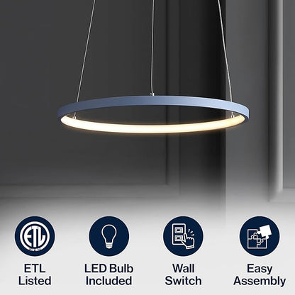 JONATHAN Y 15.75" Blue Modern Integrated LED Pendant Light, Dimmable Round Hoop Chandelier for Kitchen Island, Dining Room, Adjustable Height Metal Hanging Light (JYL7202D)