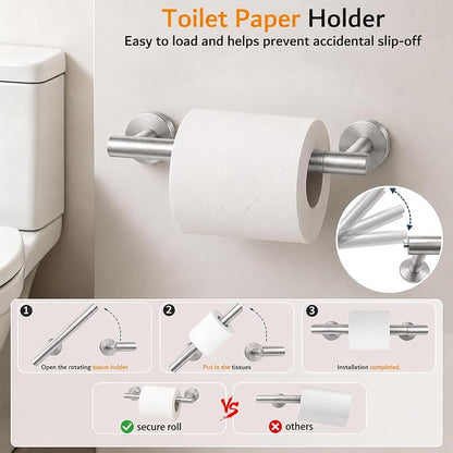 5 Piece Brushed Nickel Bathroom Hardware Accessories Set, 24" Towel Bar Set | Bathroom Towel Rack Set with Wall Mounted SUS304 Stainless Steel , Double Post Toilet Paper Holder, Towel Ring & Robe Hooks