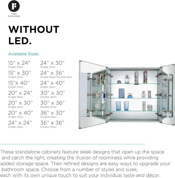 Bathroom Medicine Cabinet, Aluminum, Recessed/Surface Mount, 30" x 30", Right/Left Hinged, Mirrored Interior