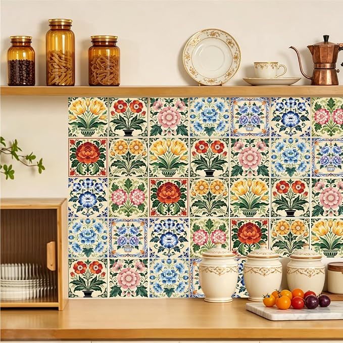 36Pcs 9 Styles Vintage Floral Peel and Stick Tile 4 x 4 Inch Colorful Tile Stickers Square Flower Pattern Waterproof PVC Decal for Kitchen Bathroom Backsplash Furniture Floor DIY Home Decor
