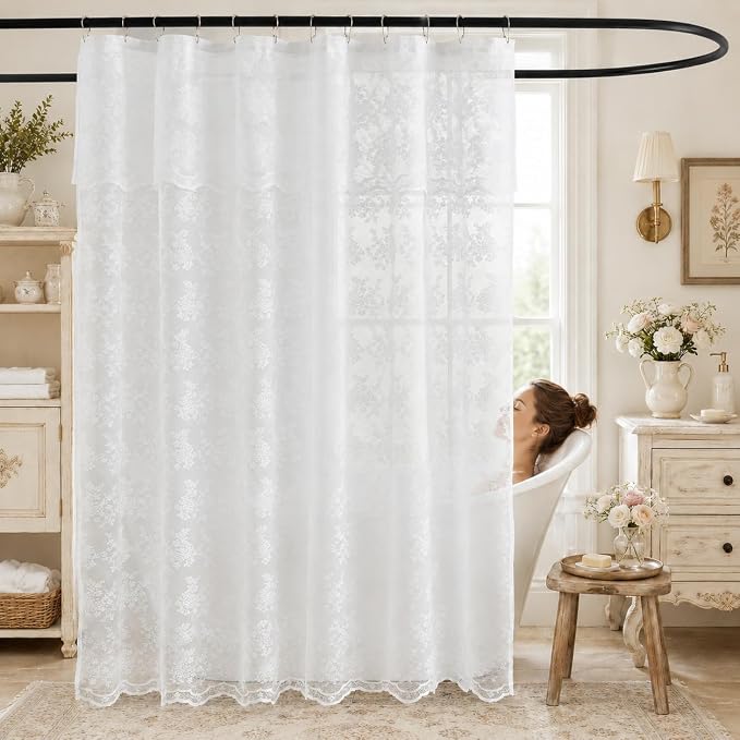 TUDECO White Lace Shower Curtain with Attached Valance, 72W x 84L Inch | Extra Long, Tall Bathroom Curtain, Cottage Core Style, Vintage Floral, Scalloped Edges, Brightens Space, Semi Privacy