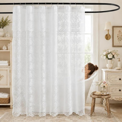 TUDECO White Lace Shower Curtain with Attached Valance, 72W x 84L Inch | Extra Long, Tall Bathroom Curtain, Cottage Core Style, Vintage Floral, Scalloped Edges, Brightens Space, Semi Privacy