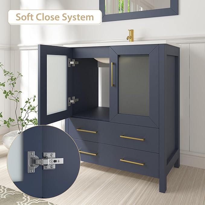 Vanity Art 42 Inch Under Mount Single Sink Bathroom Vanity Cabinet with 1 Mirror, Ceramic Top Bathroom Cabinet Compact Set with 5 Dovetail Storage Drawers and Gold Finish Handles, VA3030-42B