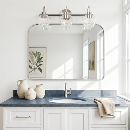 Brushed Nickel Vanity Light, 3 Light Bathroom Light Fixtures with Clear Diamond-Shape Hammered Glass, Silver Vintage Ripple Wall Lights for Hallway, Bedroom, Anti-Rust, E26 Base (No Bulbs)