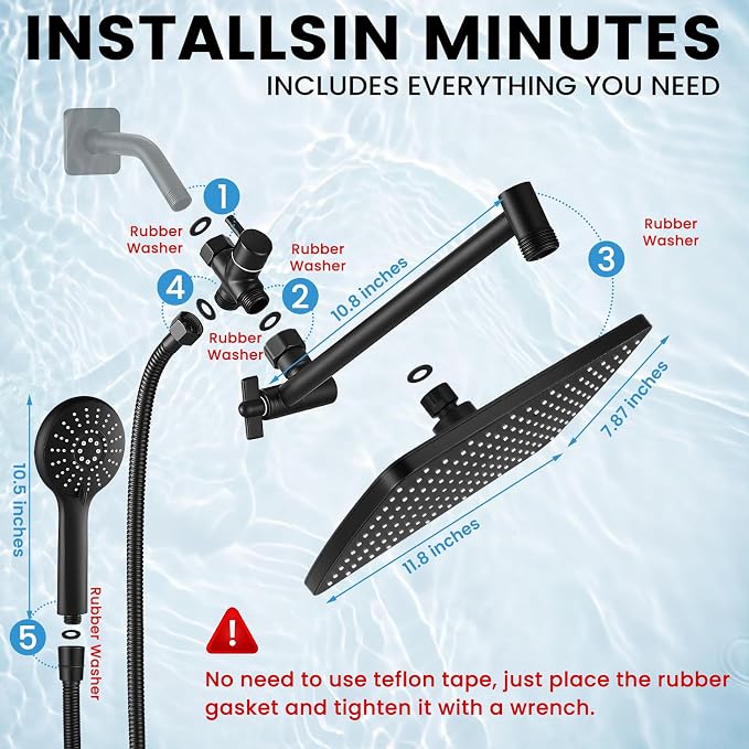 Shower Head with Handheld, High Pressure Black Rain Shower Head | Regaderas Para Shower,11.8" Rectangular,Rainfall Shower Head,Dual Shower Head,Bathroom Decor,Extension Arm,5 Spray Mode