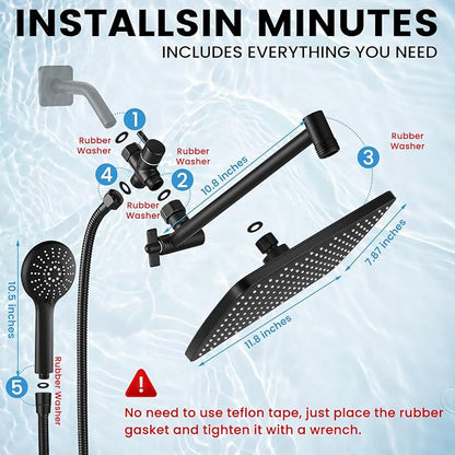 Shower Head with Handheld, High Pressure Black Rain Shower Head | Regaderas Para Shower,11.8" Rectangular,Rainfall Shower Head,Dual Shower Head,Bathroom Decor,Extension Arm,5 Spray Mode