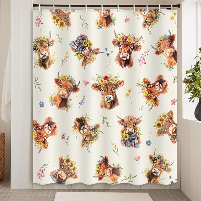 Highland Cow Shower Curtain, Sunflower Floral Wreath Cow Print Farmhouse & Country Style Fun Shower Curtain for Bathroom, Fabric Polyester Bathroom Curtains Set with Hooks, 71x84inch.