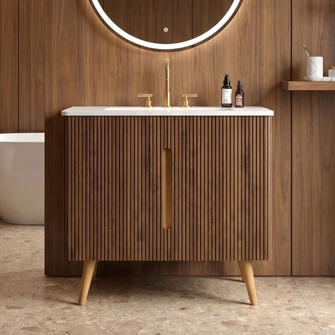 36" Modern Bathroom Vanity with Sink, Mid Century Modern Walnut Bathroom Cabinet with Carrara Marble Finish Sink, Doors, Large Storage with Adjustable Shelf