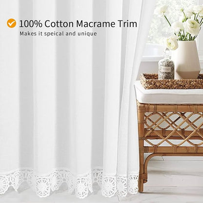 Linen Boho Lace Shower Curtain Liner Set 72x84 | Extra Long Farmhouse Shower Curtain with Macrame Decor, Cotton Bohemian French Country Bath Curtain , White