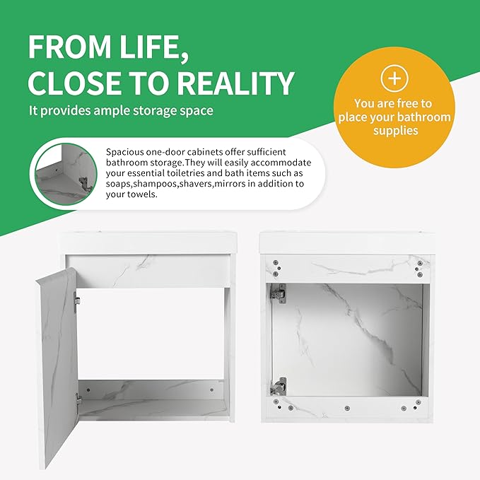 20 Inch Bathroom Vanity with Sink Combo for Small Space, Wall-Mounted Bathroom Vanity with Soft Close Door,Modern Floating Bathroom Vanity with Top Basin & Storage Cabinet,White