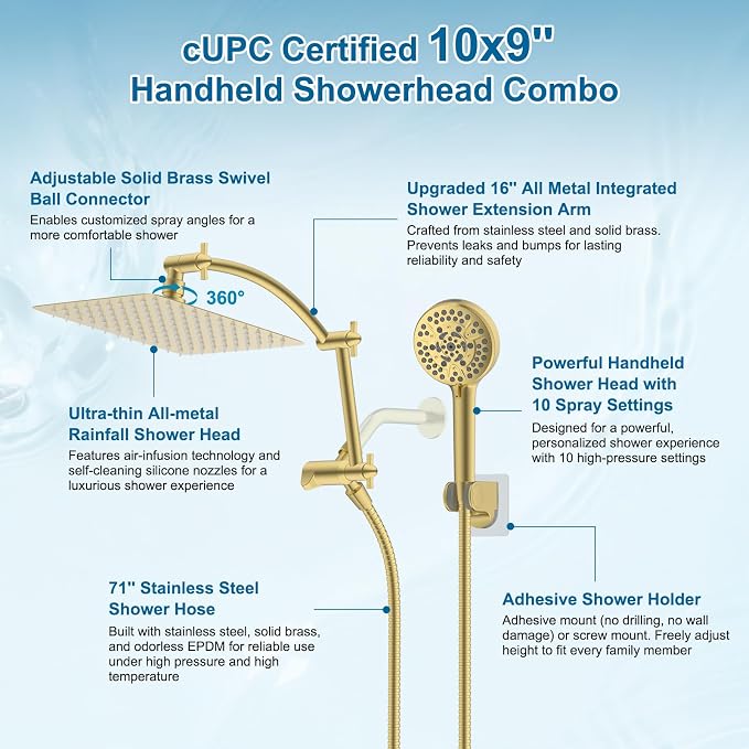 Hibbent Metal 10" High Pressure Rain Shower Head Combo, Brushed Gold | cUPC Certified Rainfall Shower Head with handheld 10 Sprays, 16'' Adjustable Extension Arm, 71'' Hose, Showerhead Holder