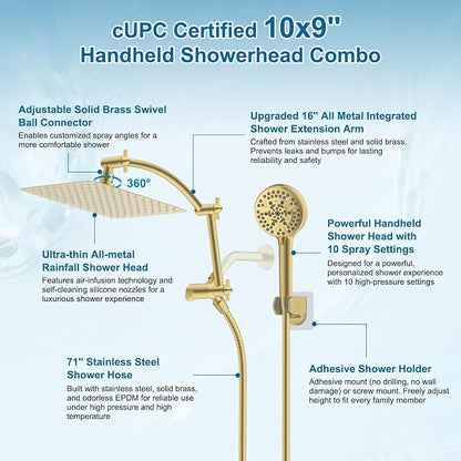Hibbent Metal 10" High Pressure Rain Shower Head Combo, Brushed Gold | cUPC Certified Rainfall Shower Head with handheld 10 Sprays, 16'' Adjustable Extension Arm, 71'' Hose, Showerhead Holder