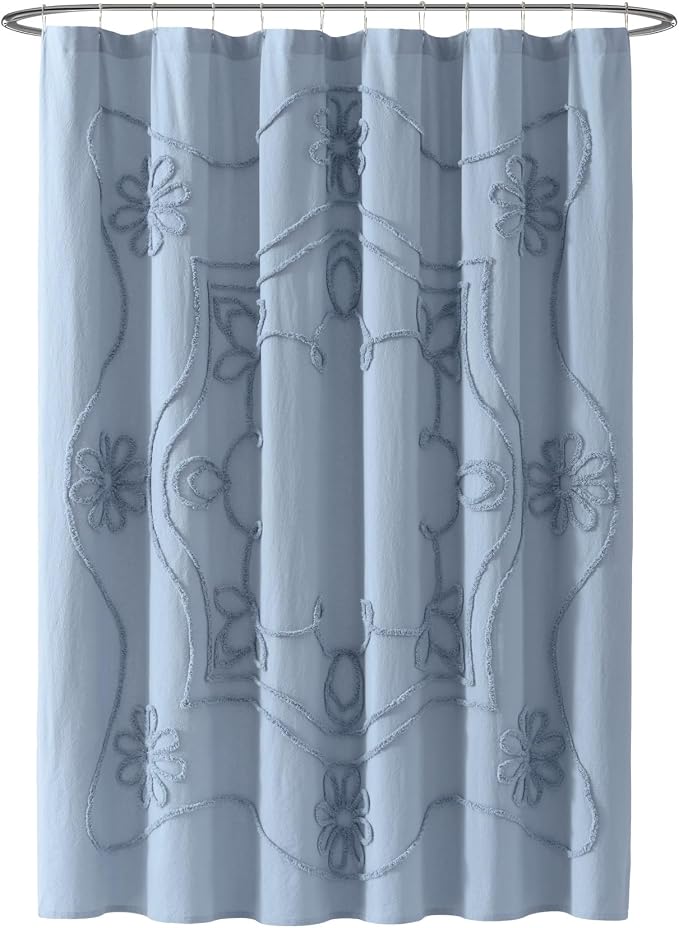 Peri Home Retro Scroll Shower Curtain 72 x 72 inches Blue 1-Piece | Cotton Fabric, Bathroom